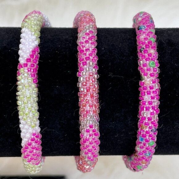 HAND CRAFTED in Nepal Beaded Bracelets (set of 3) PINK3 - Picture 1 of 3